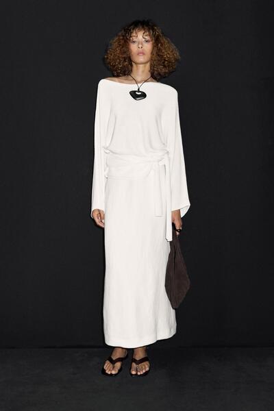 Massimo Dutti Düz kesim kenevir karışımlı midi etek