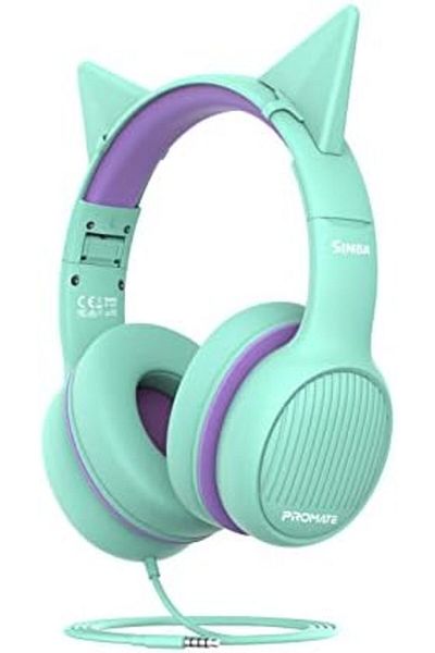Promate Kids Headset, Cute Kids Safe Foldable Wired Over-Ear Headphones with Audio Share Port, Remov