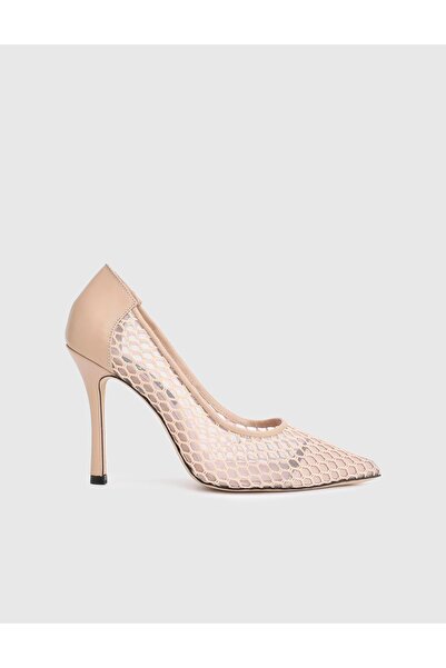 İLVİ Gkri Hakiki Deri File Bej Kadın Topuklu Ayakkabı