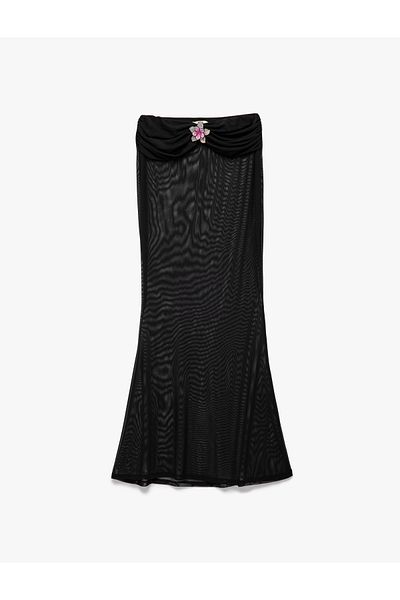 Koton Transparent Draped Floral Accessory Detailed Tulle Long Pareo Skirt