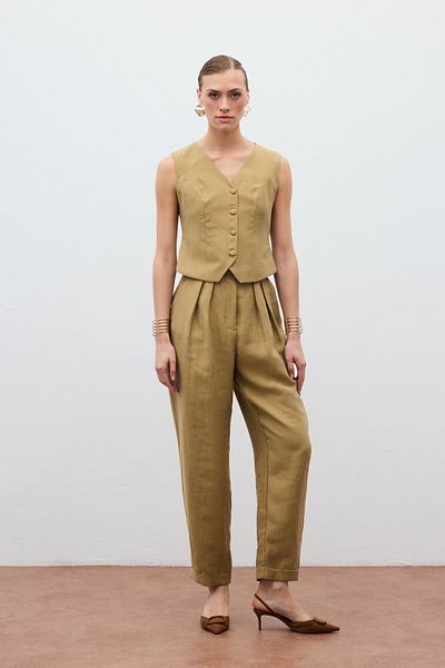 Sateen Casual Linen Trousers - Khaki