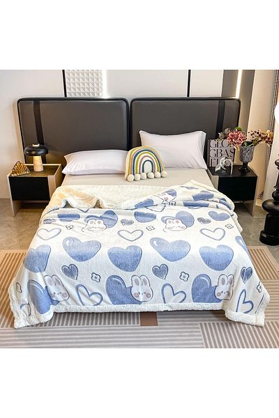 FIONNA.RO Cocolino Blanket With White Fur 200x230cm - Blue Hearts