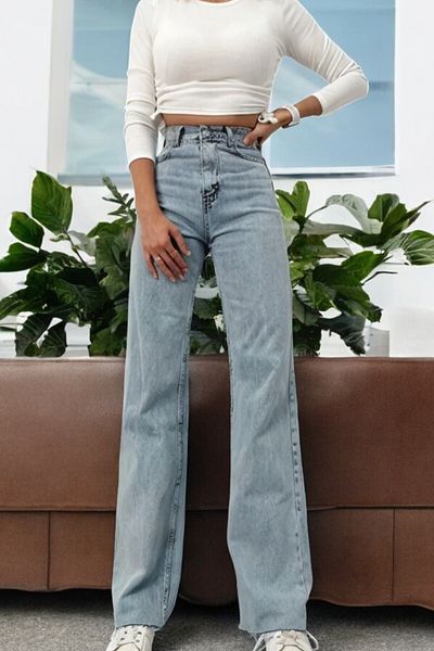 byhaziran butik Fionna Women's Blue Snow Wash High Waist Lycra Wide Leg Jeans