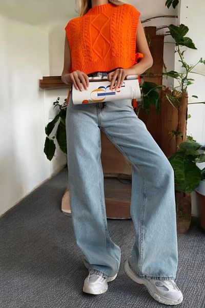 byhaziran butik Elly Young Girl Light Blue Snow Wash High Waist Lycra Comfortable 90's Loose Leg Jeans