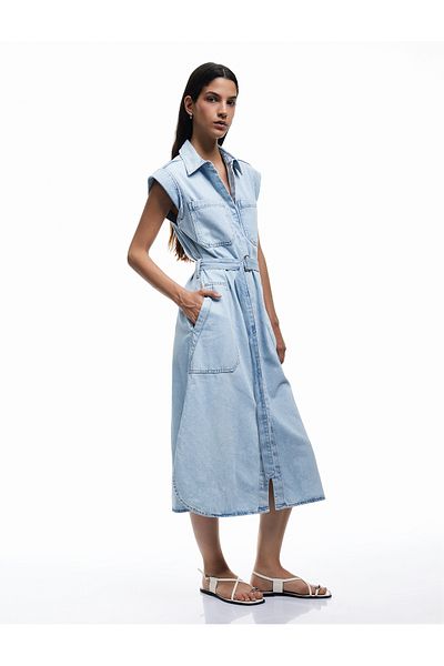 Koton Cămașă fără mâneci, guler, buzunar, curea, rochie din denim de lungime midi
