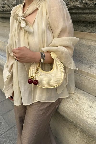 LEONAS Women's Hand and Shoulder Bag Alyona Straw Yellow with Cherry Charm Gift