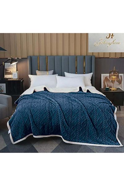 FIONNA.RO Cocolino Knitted Print Blanket with Fur - Royal Blue