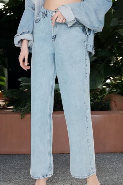 byhaziran butik Claire Young Girl Light Blue Snow Wash High Waist Lycra Casual 90's Loose Leg Denim Pants