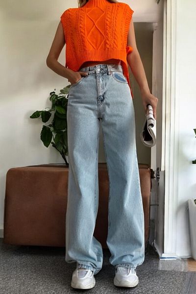 byhaziran butik Elly Young Girl Light Blue Snow Wash High Waist Lycra Comfortable 90's Loose Leg Jeans