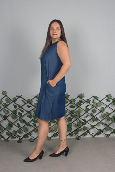 Truva XXL Plus Size Slim Denim Sleeveless Pocket Navy Dress