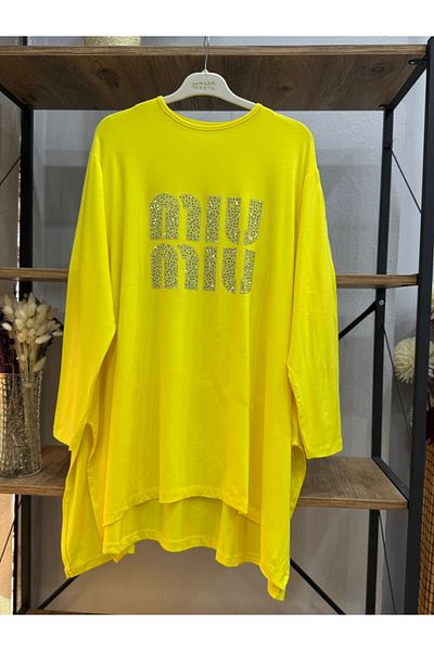 ÖZNE BUTİK Women's Stone Detailed Slit Lycra Long Peyne Tunic
