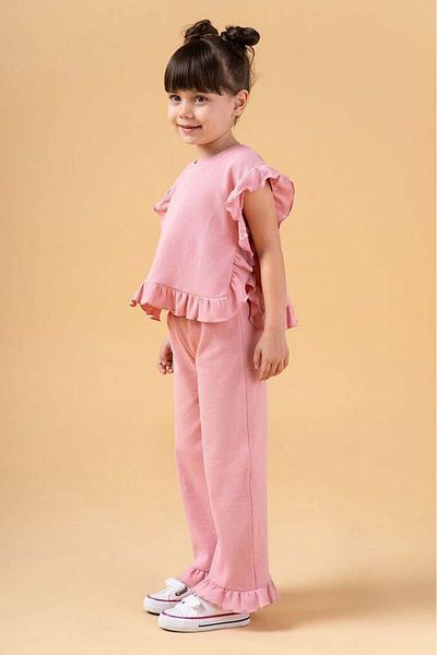 Magu Girls Cotton Pink Ruffle Set - Short Sleeve Top and Wide Leg Pants