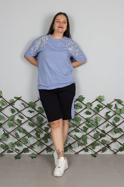 Truva XXL Plus Size Angel Wing Stone Embroidered Blue Shorts Suit – Cotton Combed Lycra Summer Suit