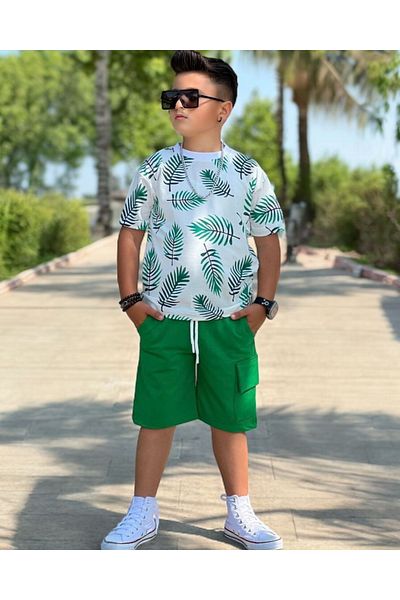Modaayaz Crew Neck Leaf Patterned Boy's Green Top-Top Suit