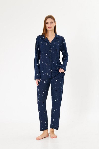 Pajama Shop Women's Milan Fabric Navy Blue Moon Star Night Themed Shirt Collar Buttoned Long Sleeve Winter Pajamas Set