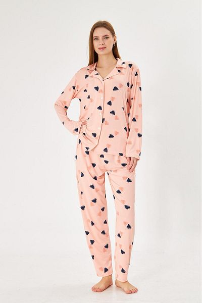 Pajama Shop Women's Milan Fabric Puppy Mouth Heart Pattern Shirt Collar Button-Through Long Sleeve Winter Pajamas Set
