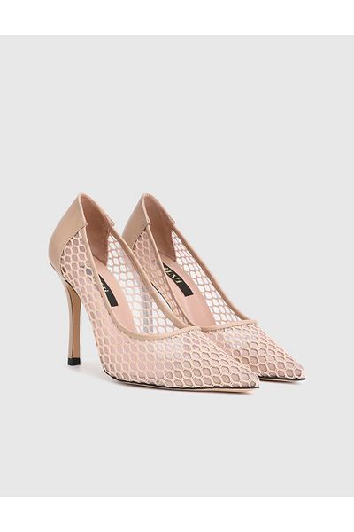 İLVİ Gkri Genuine Leather Mesh Beige Women's Heeled Shoes
