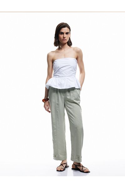 Koton Modal Blend Elastic Waist Pocket Loose Straight Leg Trousers