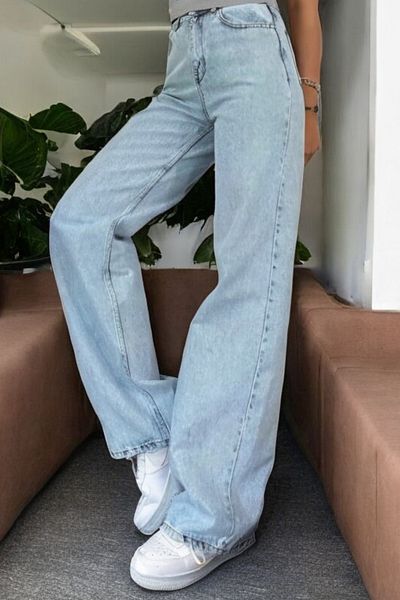 byhaziran butik Tuddy Young Girl Blue Wash High Waist Lycra Loose Wide Leg Jeans