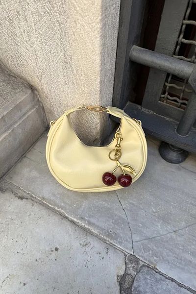 LEONAS Women's Hand and Shoulder Bag Alyona Leather Yellow with Cherry Charm Gift