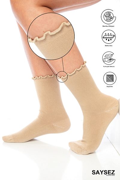SAYSEZ Bamboo Women's Elasticless Beige Ruffled Socket Seamless Premium Socks / No Trace / No Squeeze Socks