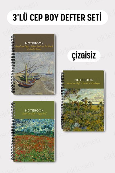 Eldesen Tasarım Set of 3 Pocket Size A6 Spiral Unlined Notebooks, Cardboard Cover 10X14 Cm, 50 Sheets 100 Pages