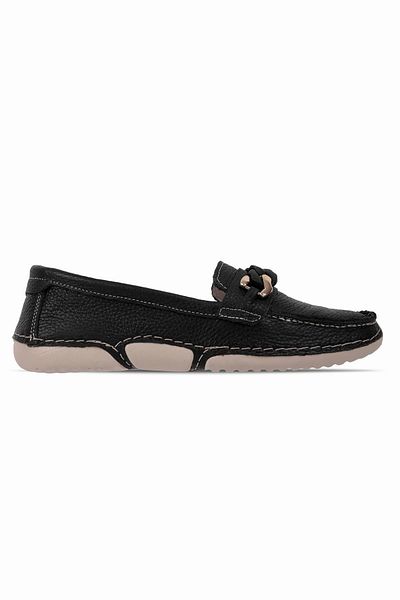 Lal Shoes & Bags Lavi Women's Genuine Leather Buckle Detailed Stitched Ballerina Shoes-Black