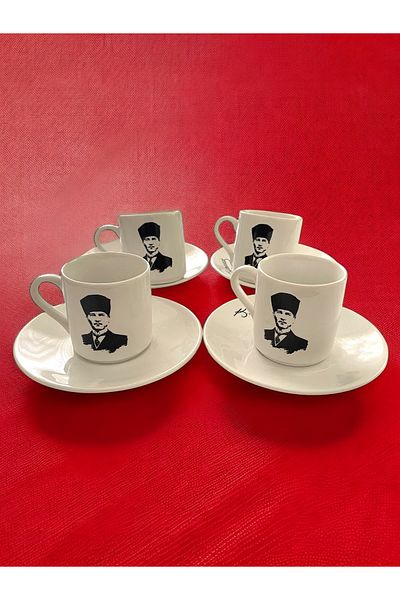 Artistic Quality Decorative Mustafa Kemal Atatürk Printed Porcelain Turkish Coffee Cup Set for 4 People