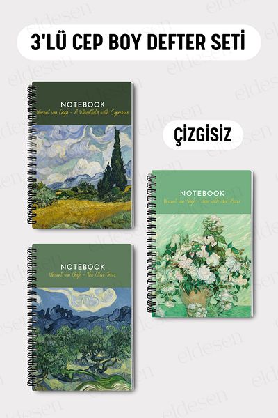 Eldesen Tasarım Set of 3 Pocket Size A6 Spiral Unlined Notebooks, Cardboard Cover 10X14 Cm, 50 Sheets 100 Pages
