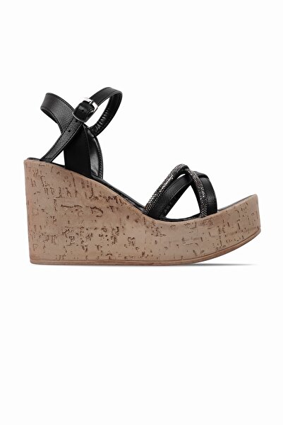 Lal Shoes & Bags Secho Women's Stone Cross Strap Wedge Heeled Sandals-Black