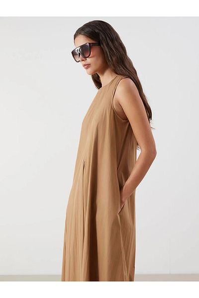 LC Waikiki Lcw Vision Brown Crew Neck A-Line Poplin Dress