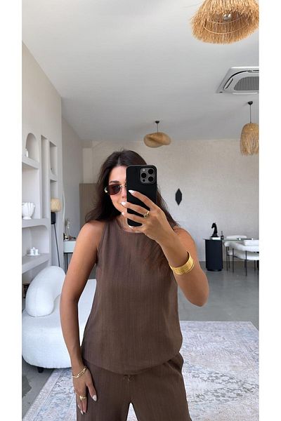 Buket Teke Brown Linen Bead Detailed Trousers Blouse Set