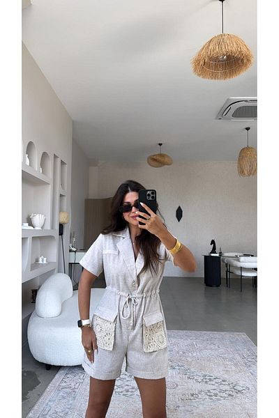 Buket Teke Linen Jumpsuit with Pocket Lace Detail