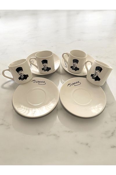 Artistic Quality Decorative Mustafa Kemal Atatürk Printed Porcelain Turkish Coffee Cup Set for 4 People