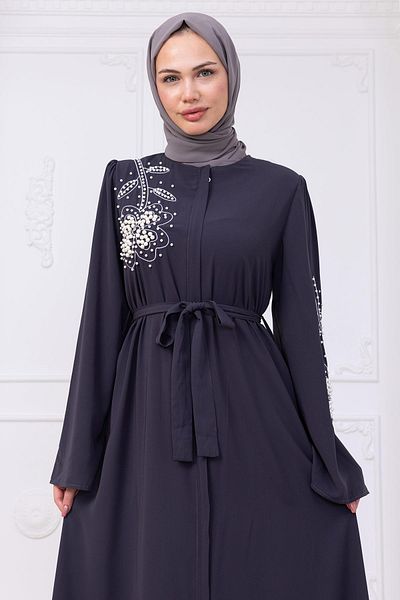 hafsamina Pearl Flower Motif Belted Ferace Smoked Hm2720
