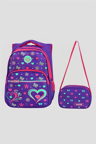 Catwins Set de 2 rucsac și cutie de prânz pentru școala primară cu model de inimă violet