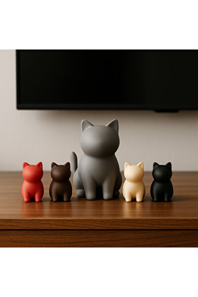 Minimalist 3D Kedi Biblo Seti – Anne Kedi & 4 Renkli Yavru Figür Dekorasyon