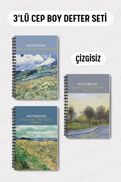 Eldesen Tasarım Set of 3 Pocket Size A6 Spiral Unlined Notebooks, Cardboard Cover 10X14 Cm, 50 Sheets 100 Pages