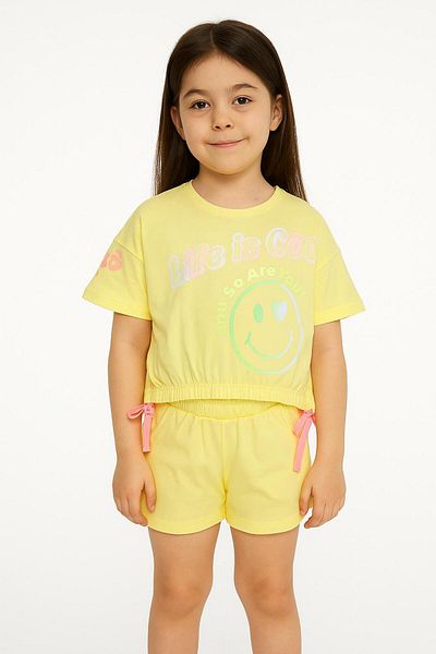 Alinna Printed Bottom Top T-Shirt Shorts Set. Girl's Summer Suit. Crop Shorts Set.