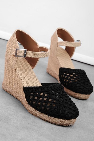 Lal Shoes & Bags Sandale cu toc cu pană din paie pentru femei Post - negru
