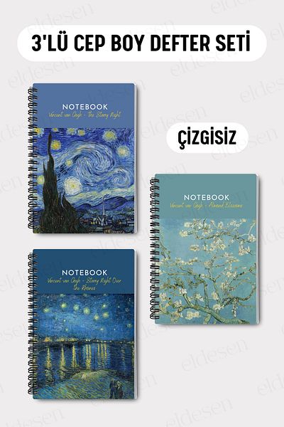Eldesen Tasarım Set of 3 Pocket Size A6 Spiral Unlined Notebooks, Cardboard Cover 10X14 Cm, 50 Sheets 100 Pages