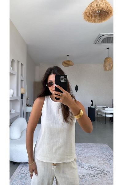 Buket Teke Stone Color Linen Bead Detailed Trousers Blouse Set