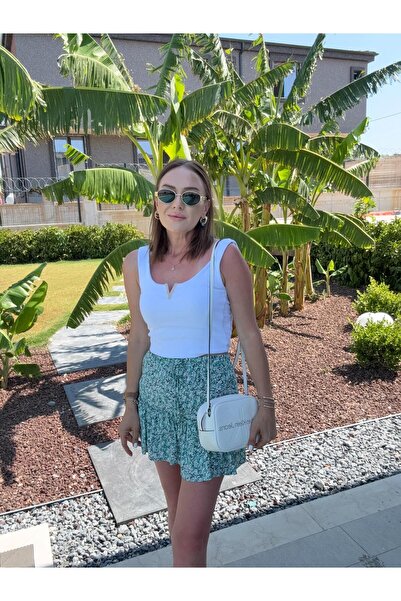 X-Young Çiçek Desenli Önü Bağlamalı Şort Etek YEŞİL