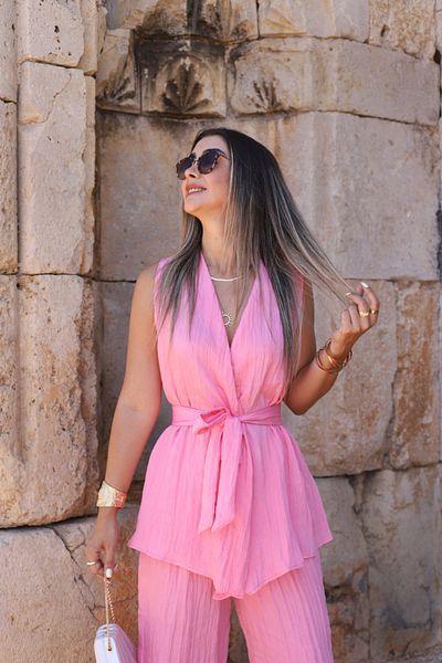 bytugcekaya Pink Tie-Up Crinkle Blouse Pants Set