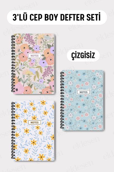 Eldesen Tasarım Set of 3 Pocket Size A6 Spiral Unlined Notebooks, Cardboard Cover 10X14 Cm, 50 Sheets 100 Pages