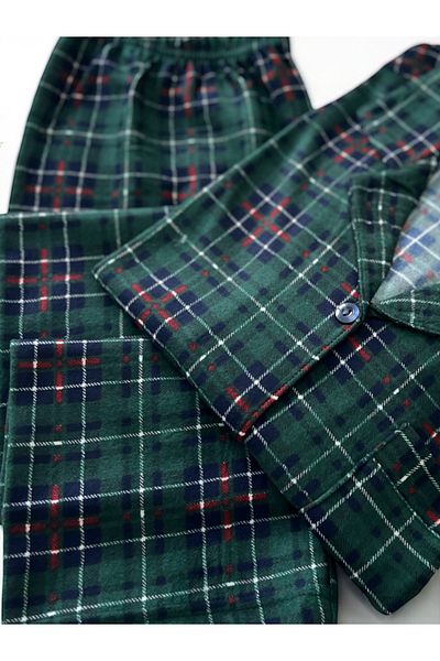ÇağrıHome Women's 100% Cotton Suede Green Plaid Pattern Button Long Sleeve Winter Pajamas Set