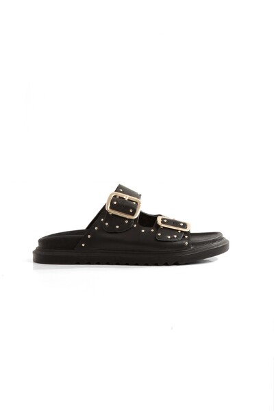 Modabuymus Zaris Black Genuine Leather Double Buckle and Gold Studded Women's Slippers
