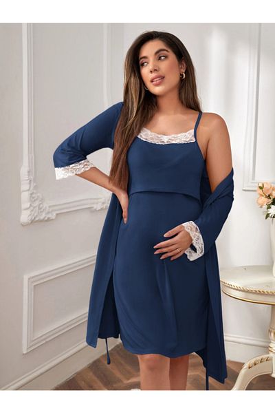 Miss Dünya Lissa Lace Detailed Strap Midi Dressing Nightgown Set Suitable for Pregnant and Postpartum Breastfeeding