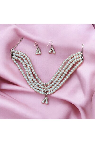 Chic Charms Beyaz Cam İnci 4 Sıra Choker Ucu İncili Tasma Kolye ve Küpe Set