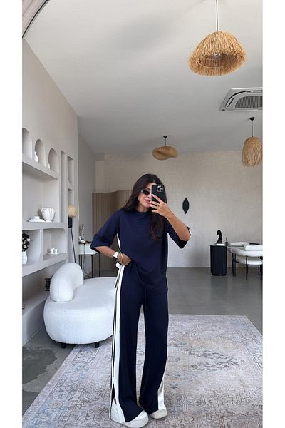 Buket Teke Navy Blue Double Stripe Slit Modal Suit